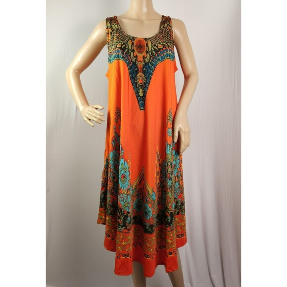Lapogee Size Medium Boho Inspired Orange Swing  Dress w/Turquoise - Picture 1 of 7